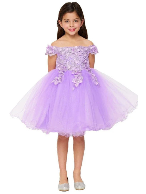 Big Girls Lilac 3D Floral Sequin Tulle Off Shoulder Junior Bridesmaid Dress 8-12 - SophiasStyle.com